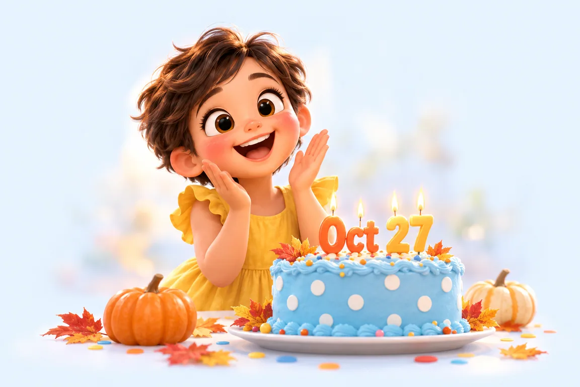 Cartoon birthday scene for October 27: a child behind a cake whose candles spell the date