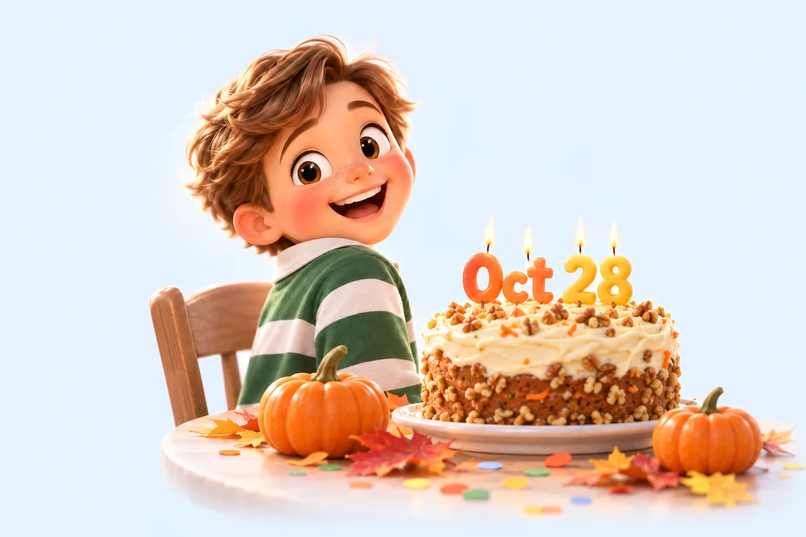 Cartoon birthday scene for October 28: a child behind a cake whose candles spell the date