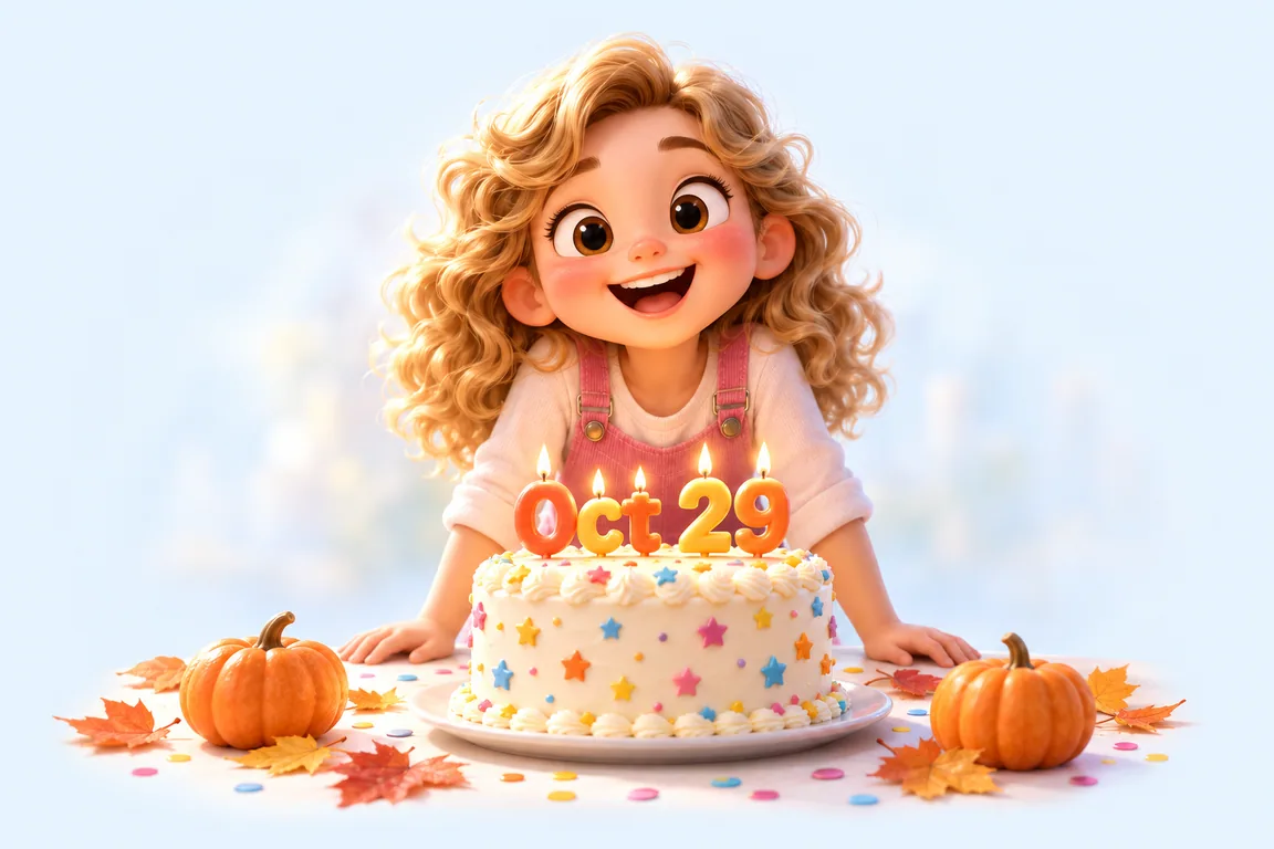 Cartoon birthday scene for October 29: a child behind a cake whose candles spell the date