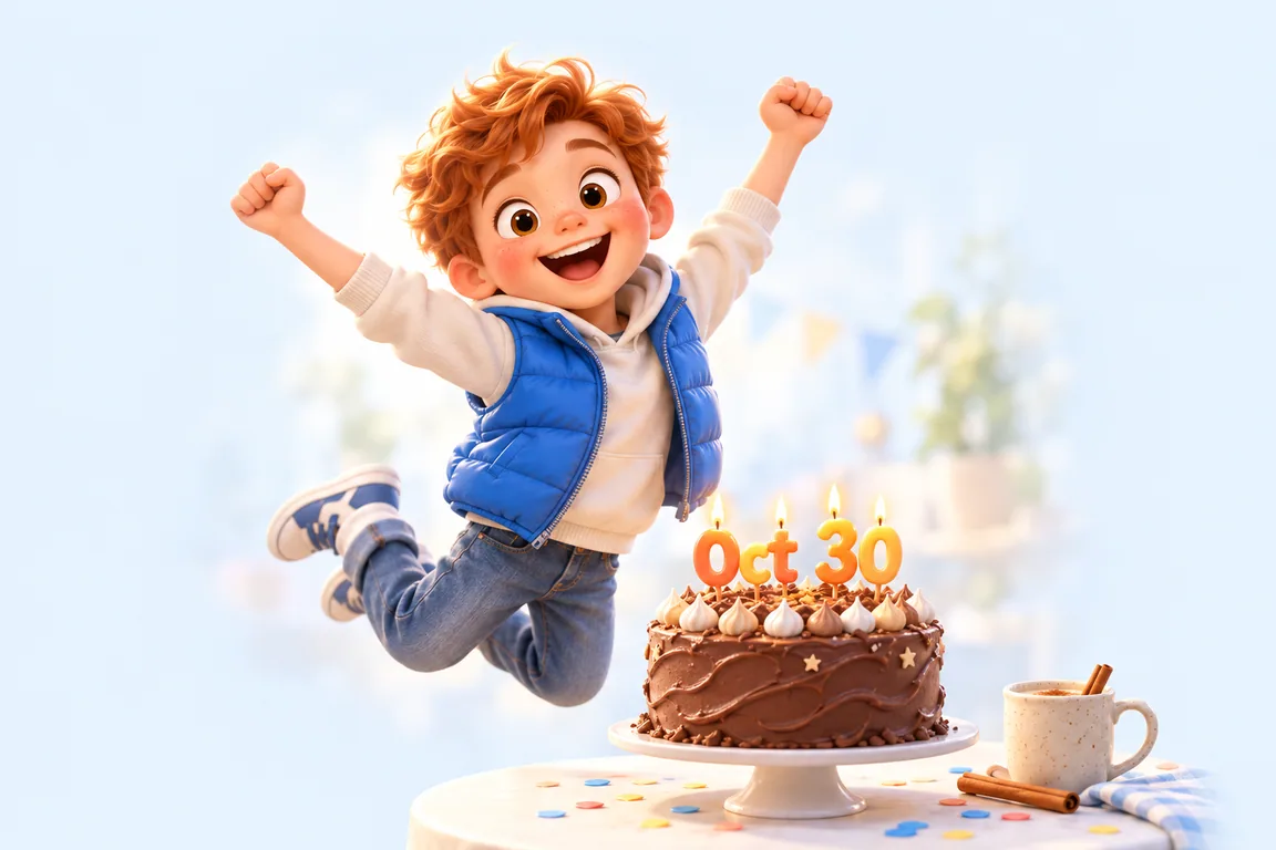 Cartoon birthday scene for October 30: a child behind a cake whose candles spell the date
