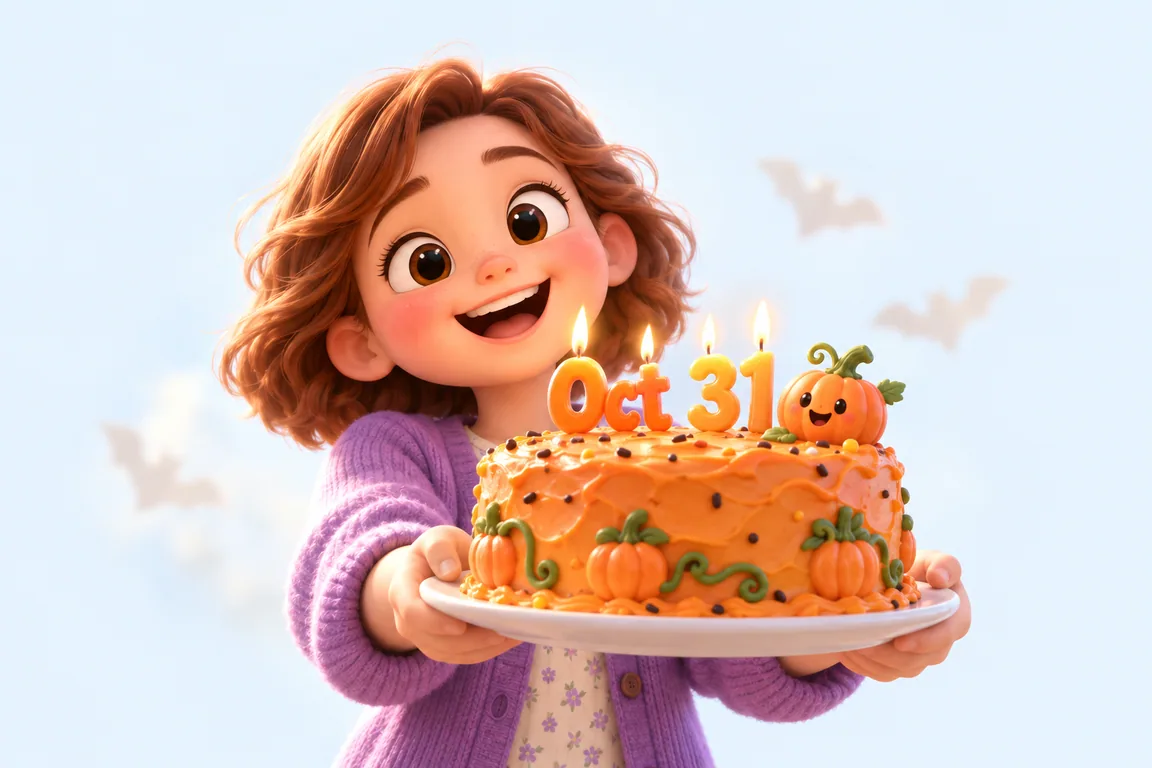 Cartoon birthday scene for October 31: a child behind a cake whose candles spell the date
