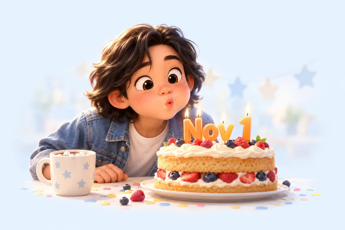 Cartoon birthday scene for November 1: a child behind a cake whose candles spell the date