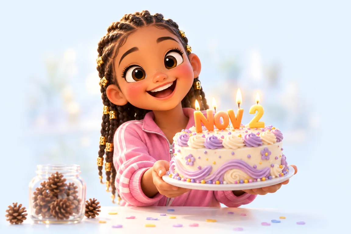 Cartoon birthday scene for November 2: a child behind a cake whose candles spell the date
