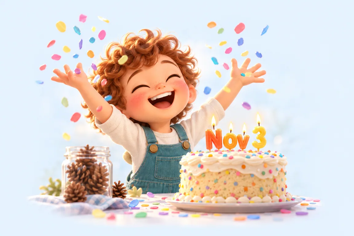 Cartoon birthday scene for November 3: a child behind a cake whose candles spell the date