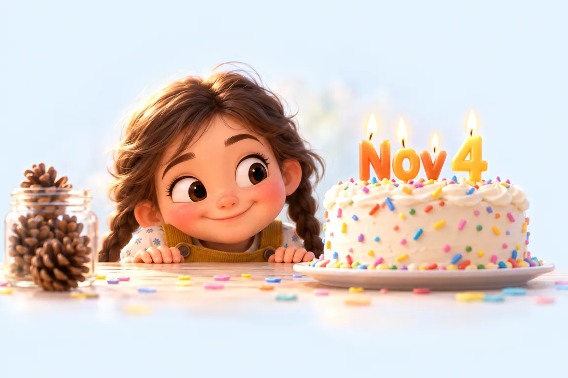 Cartoon birthday scene for November 4: a child behind a cake whose candles spell the date