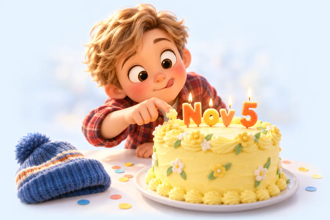 Cartoon birthday scene for November 5: a child behind a cake whose candles spell the date