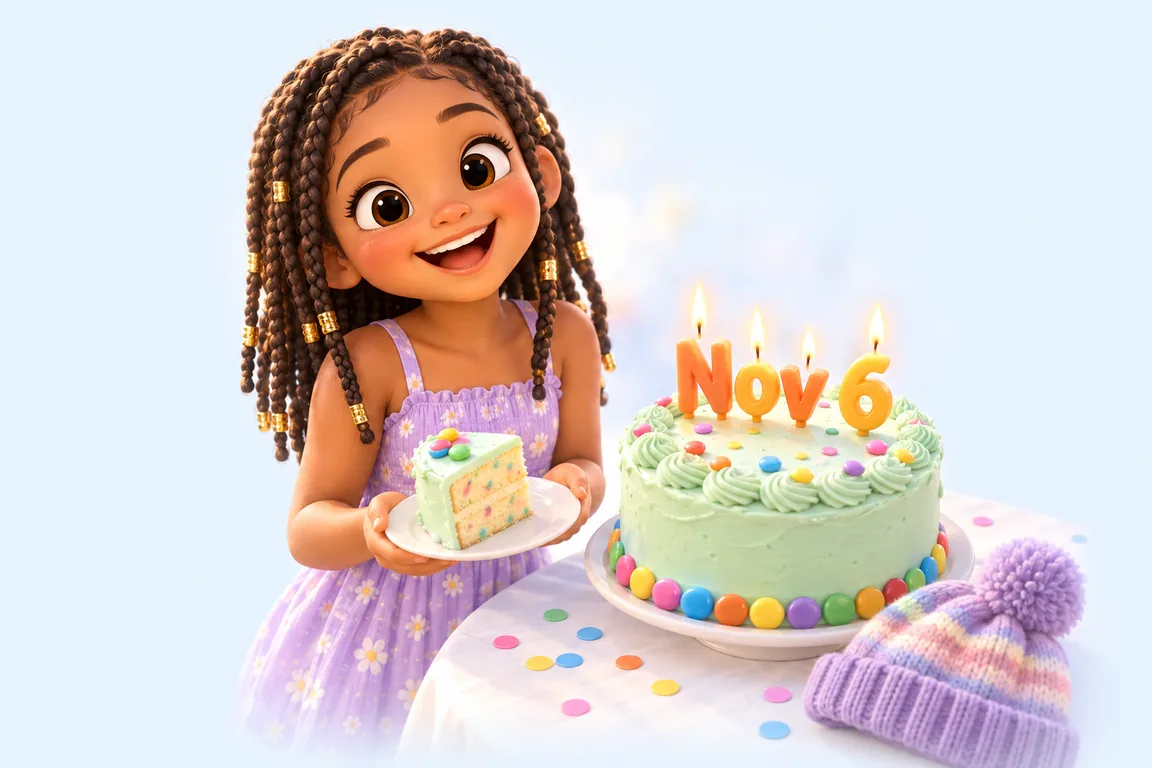 Cartoon birthday scene for November 6: a child behind a cake whose candles spell the date