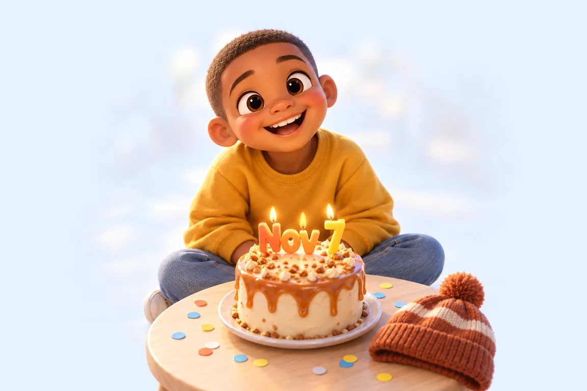 Cartoon birthday scene for November 7: a child behind a cake whose candles spell the date