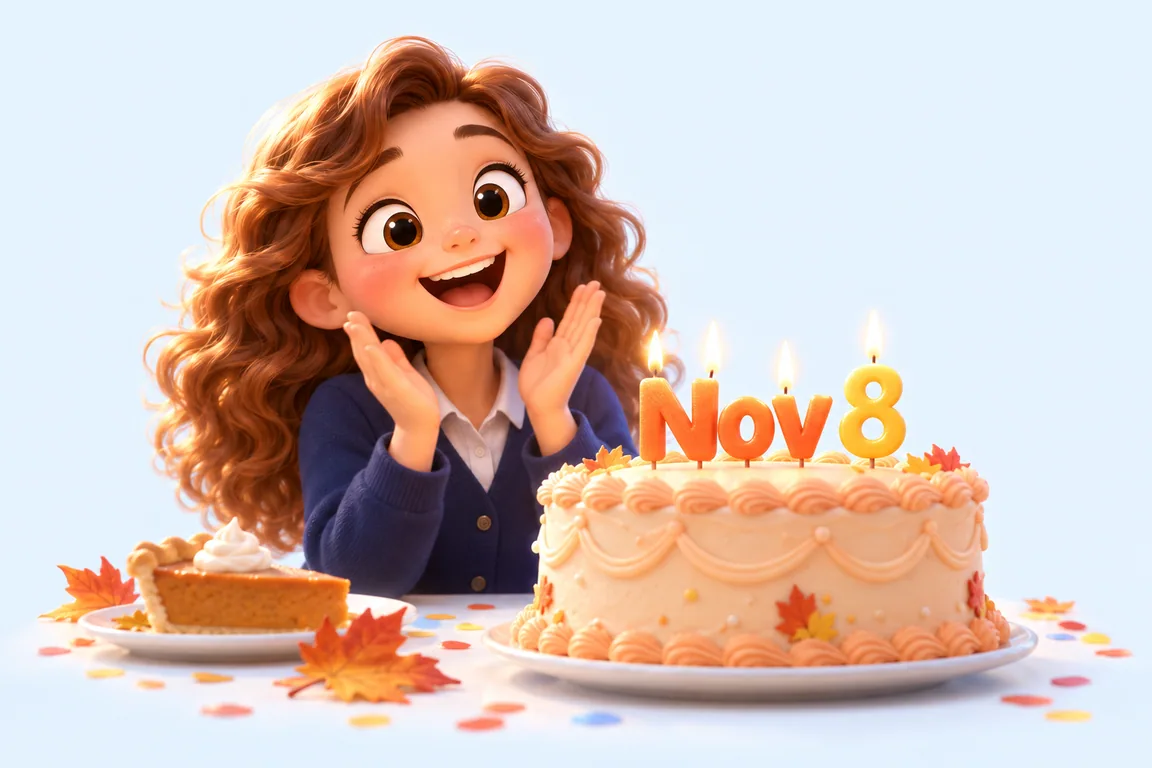 Cartoon birthday scene for November 8: a child behind a cake whose candles spell the date