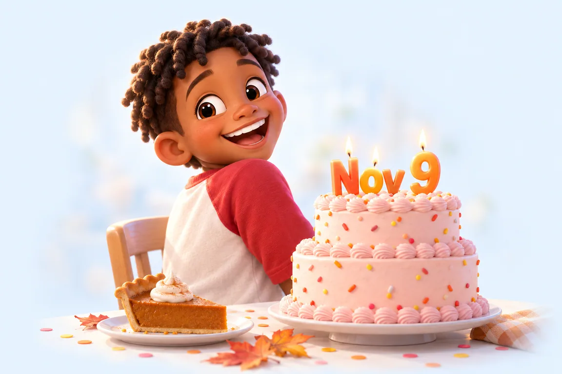 Cartoon birthday scene for November 9: a child behind a cake whose candles spell the date