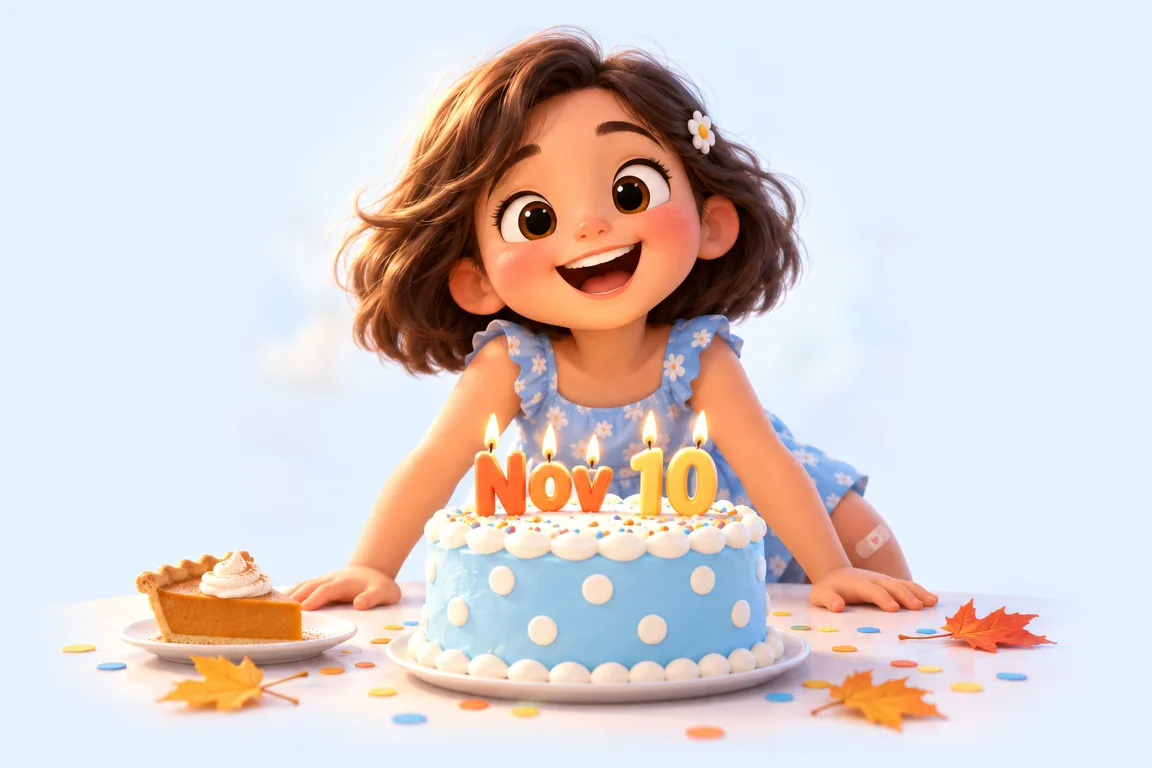 Cartoon birthday scene for November 10: a child behind a cake whose candles spell the date