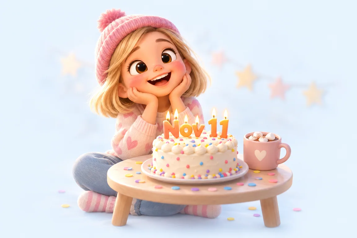 Cartoon birthday scene for November 11: a child behind a cake whose candles spell the date