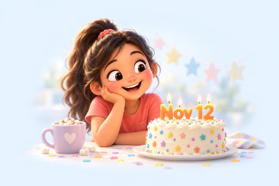 Cartoon birthday scene for November 12: a child behind a cake whose candles spell the date