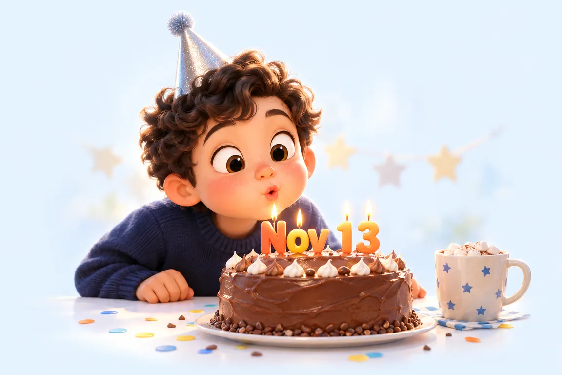 Cartoon birthday scene for November 13: a child behind a cake whose candles spell the date