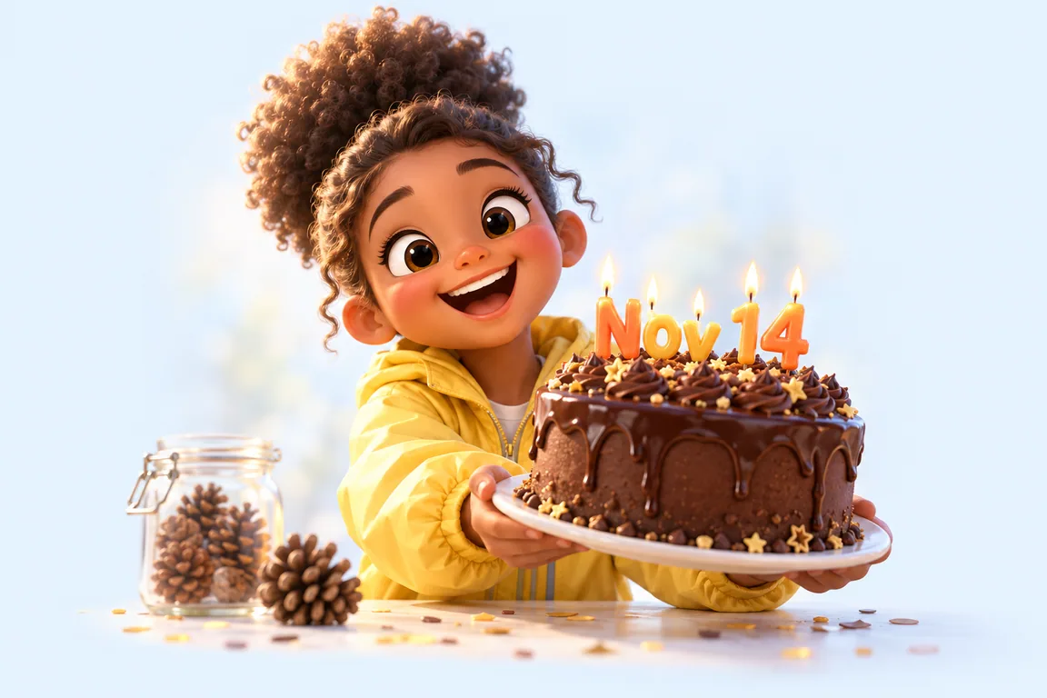 Cartoon birthday scene for November 14: a child behind a cake whose candles spell the date