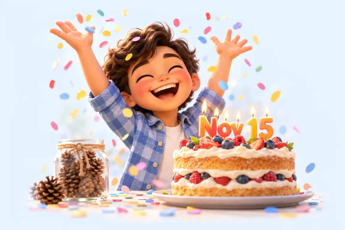Cartoon birthday scene for November 15: a child behind a cake whose candles spell the date
