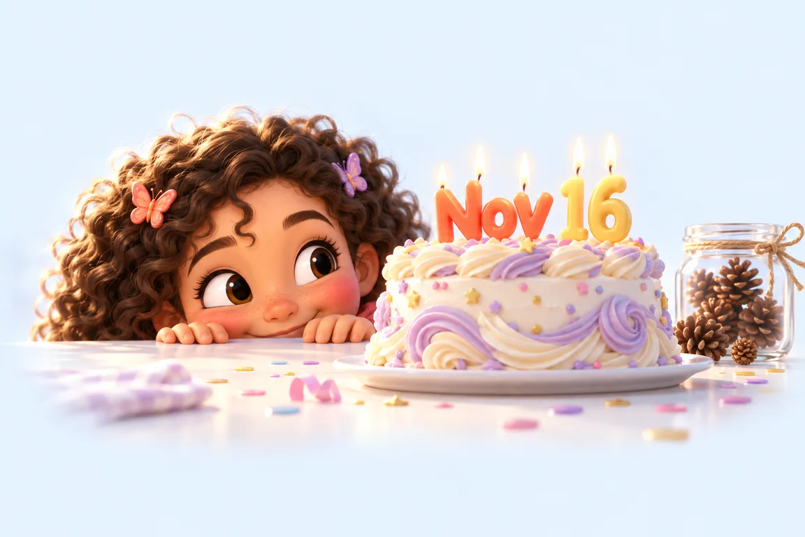 Cartoon birthday scene for November 16: a child behind a cake whose candles spell the date