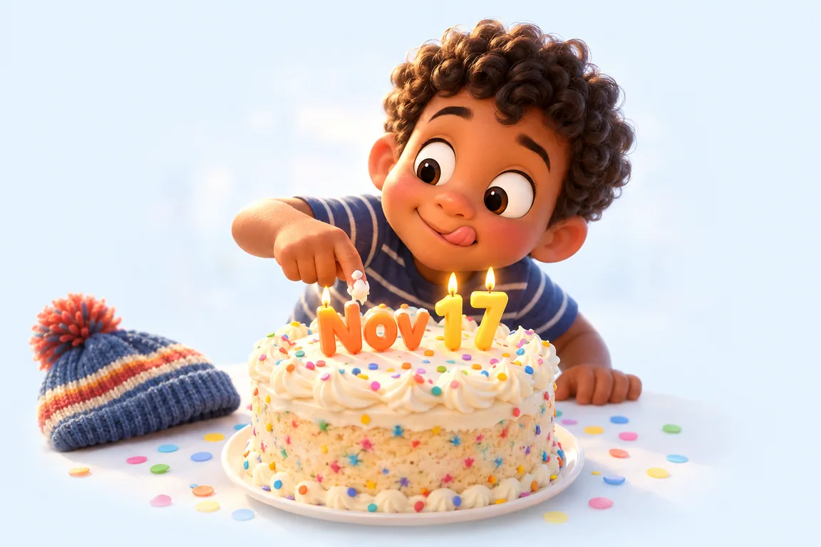 Cartoon birthday scene for November 17: a child behind a cake whose candles spell the date