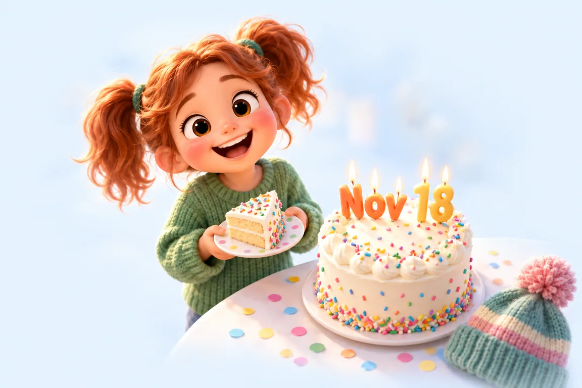 Cartoon birthday scene for November 18: a child behind a cake whose candles spell the date