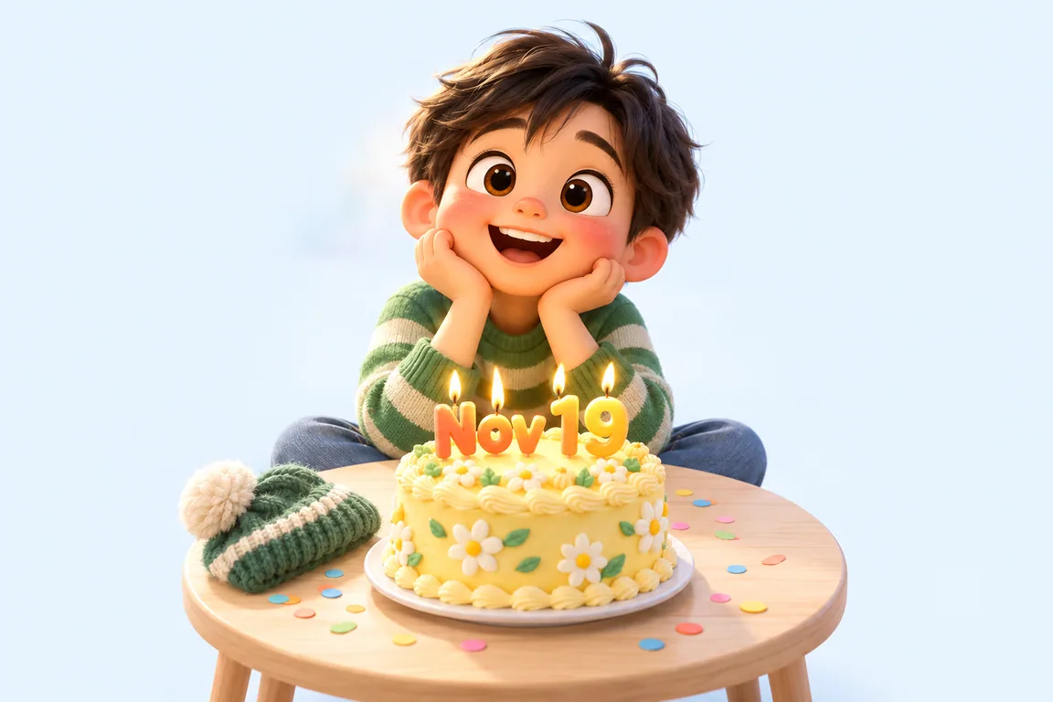 Cartoon birthday scene for November 19: a child behind a cake whose candles spell the date