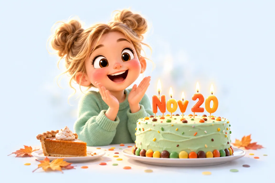 Cartoon birthday scene for November 20: a child behind a cake whose candles spell the date