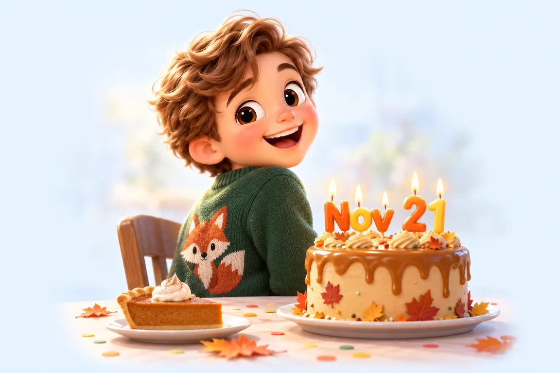 Cartoon birthday scene for November 21: a child behind a cake whose candles spell the date