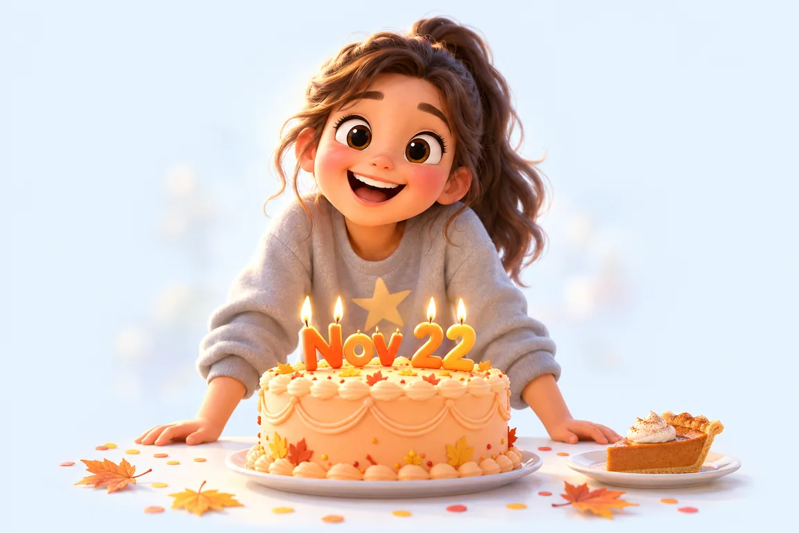 Cartoon birthday scene for November 22: a child behind a cake whose candles spell the date