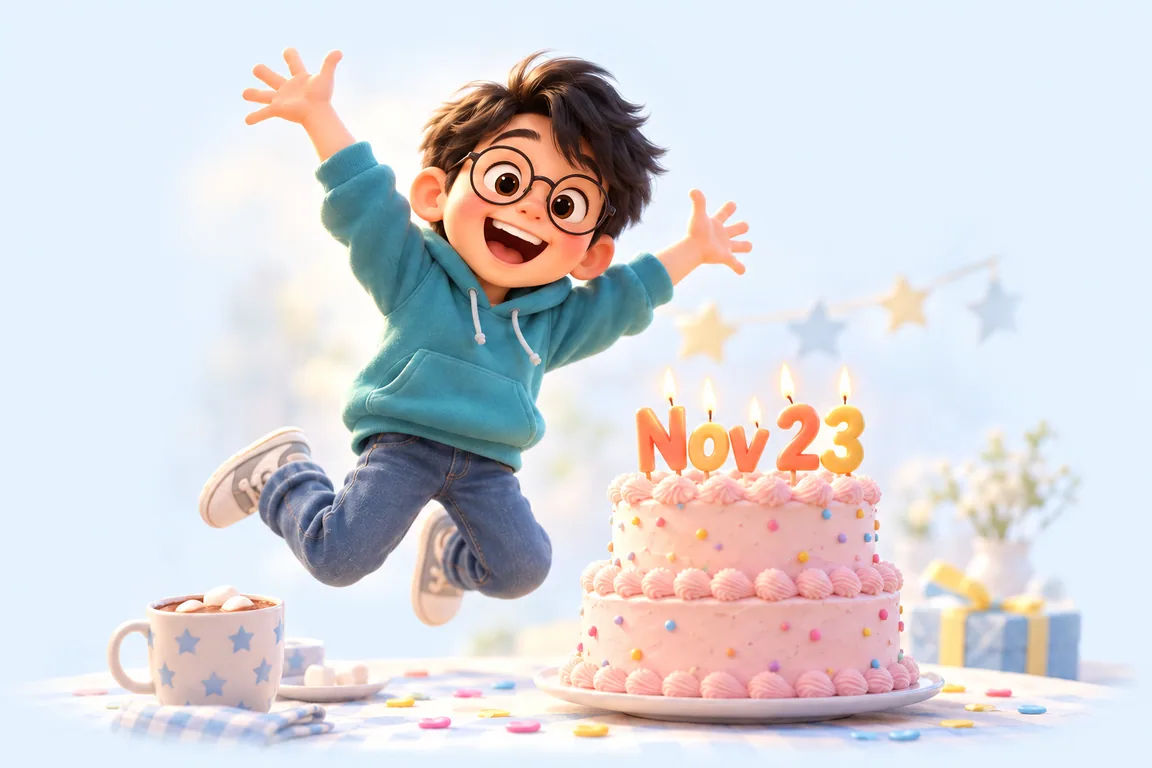 Cartoon birthday scene for November 23: a child behind a cake whose candles spell the date