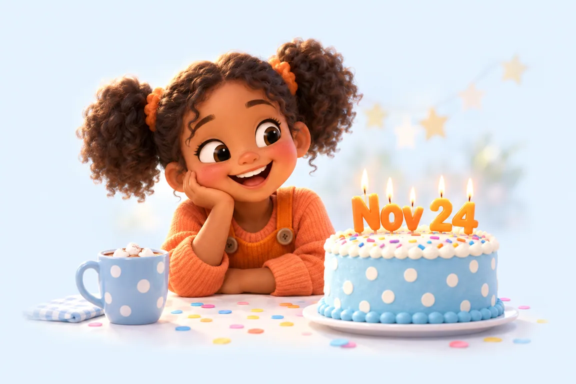 Cartoon birthday scene for November 24: a child behind a cake whose candles spell the date
