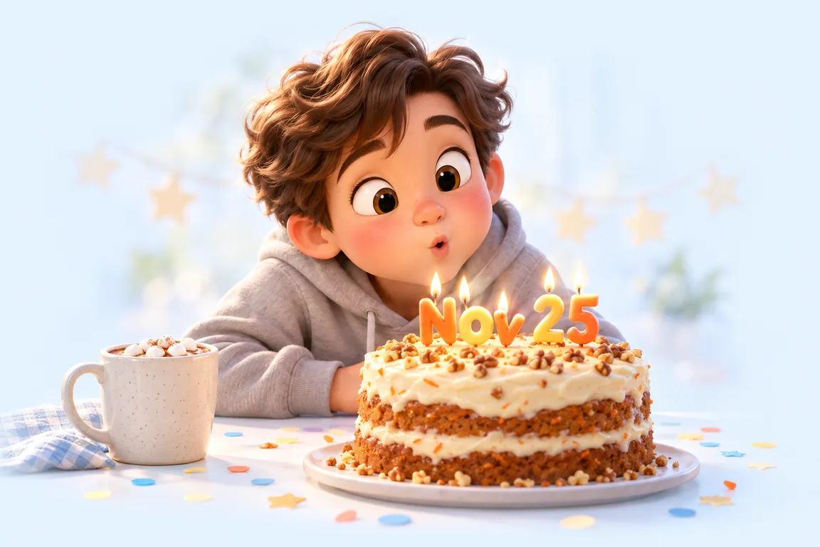 Cartoon birthday scene for November 25: a child behind a cake whose candles spell the date