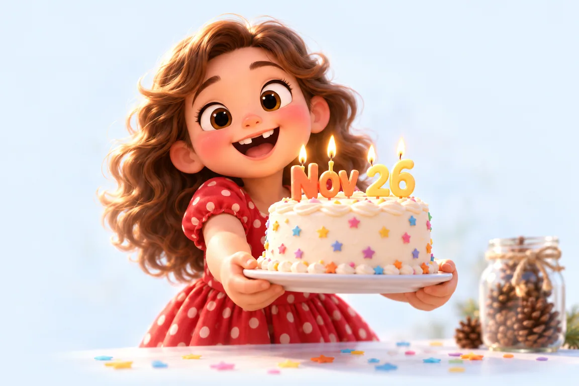 Cartoon birthday scene for November 26: a child behind a cake whose candles spell the date