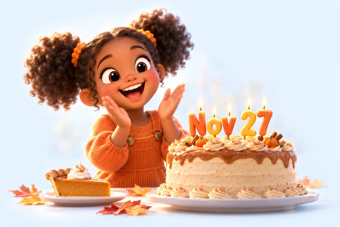 Cartoon birthday scene for November 27: a child behind a cake whose candles spell the date