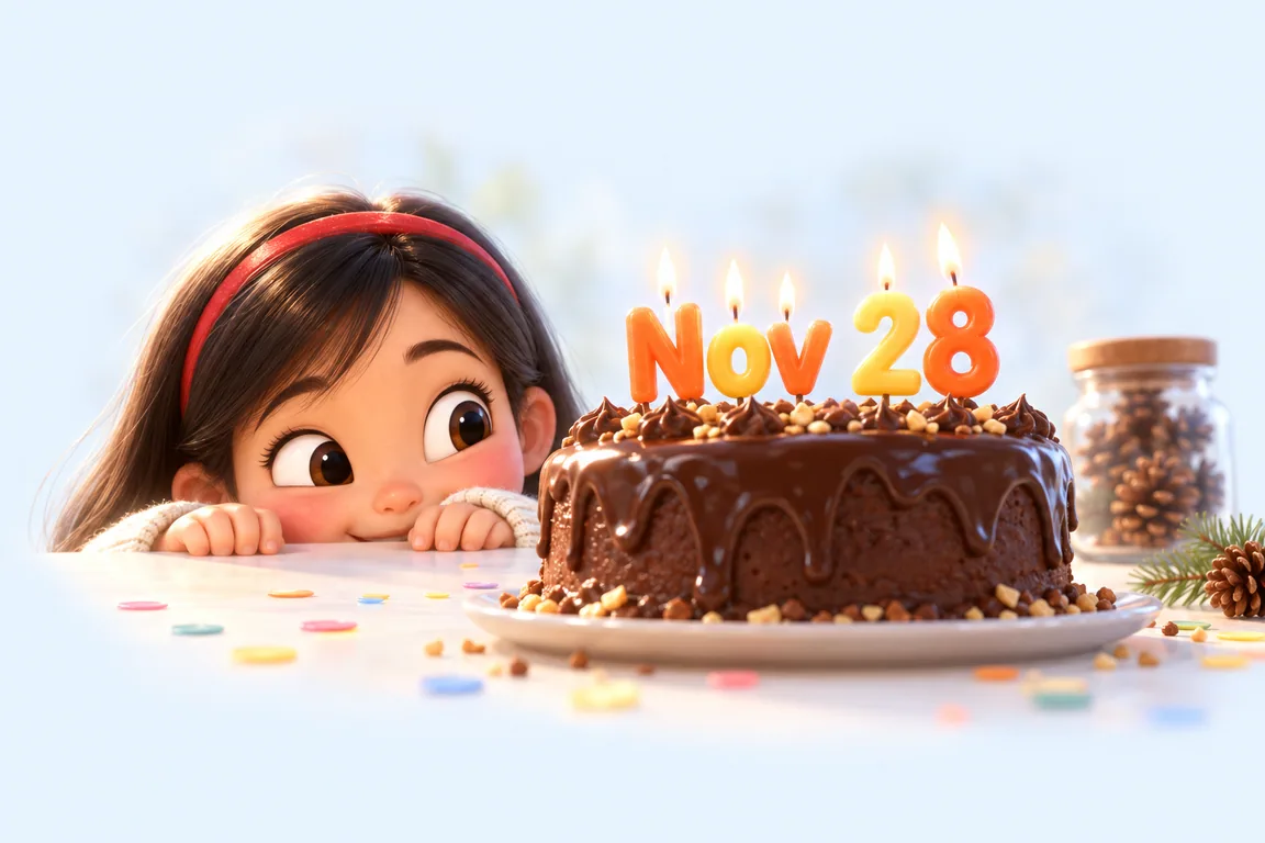 Cartoon birthday scene for November 28: a child behind a cake whose candles spell the date