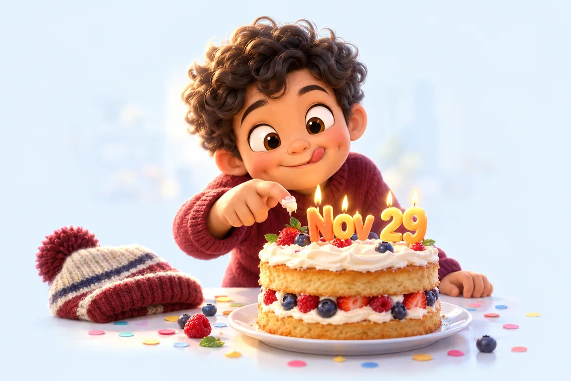 Cartoon birthday scene for November 29: a child behind a cake whose candles spell the date