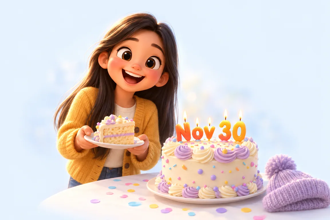 Cartoon birthday scene for November 30: a child behind a cake whose candles spell the date