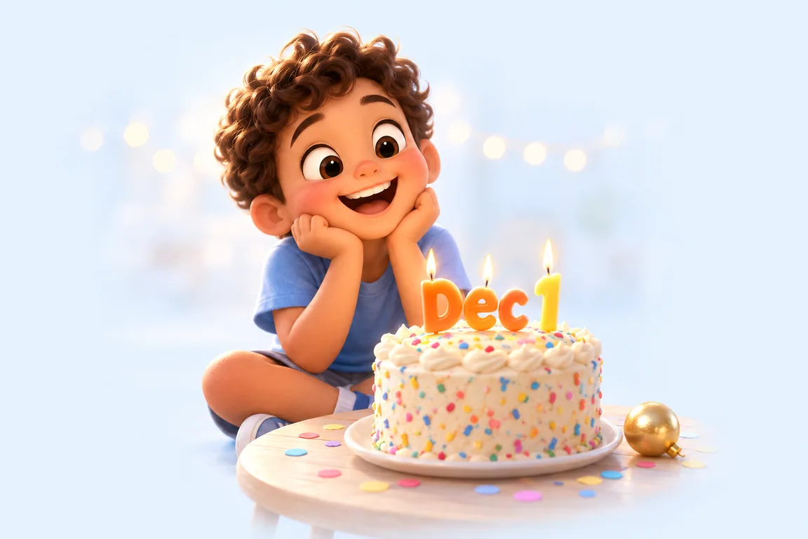 Cartoon birthday scene for December 1: a child behind a cake whose candles spell the date