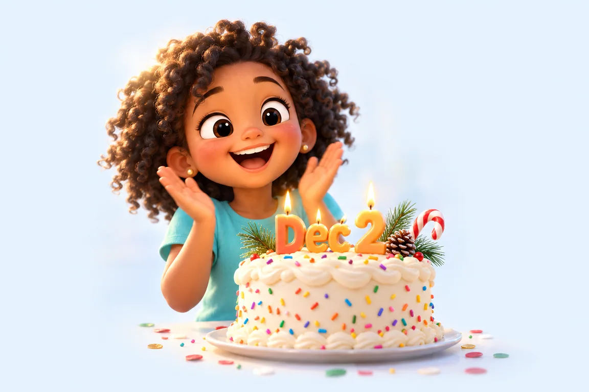 Cartoon birthday scene for December 2: a child behind a cake whose candles spell the date