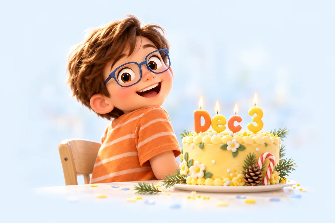 Cartoon birthday scene for December 3: a child behind a cake whose candles spell the date
