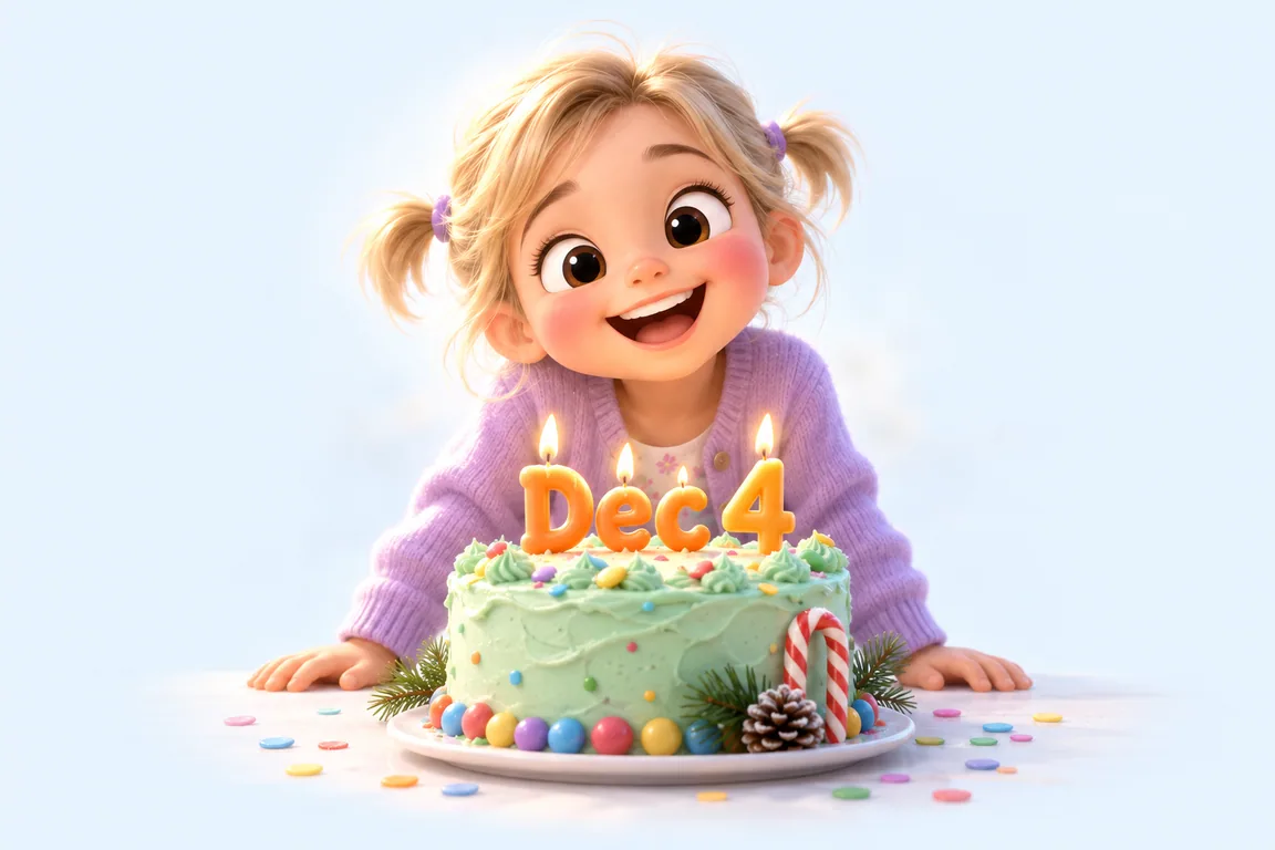 Cartoon birthday scene for December 4: a child behind a cake whose candles spell the date