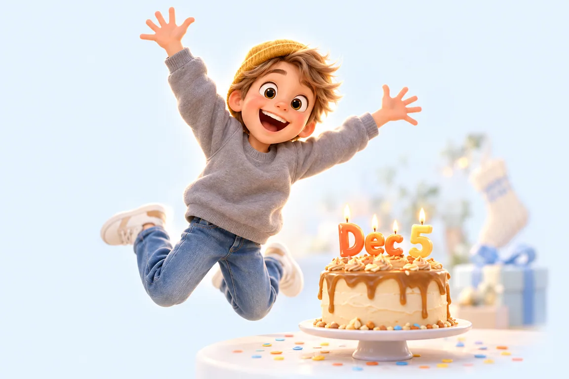 Cartoon birthday scene for December 5: a child behind a cake whose candles spell the date