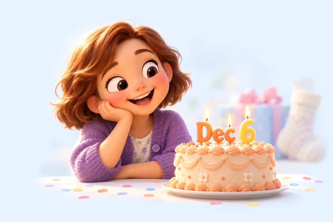 Cartoon birthday scene for December 6: a child behind a cake whose candles spell the date