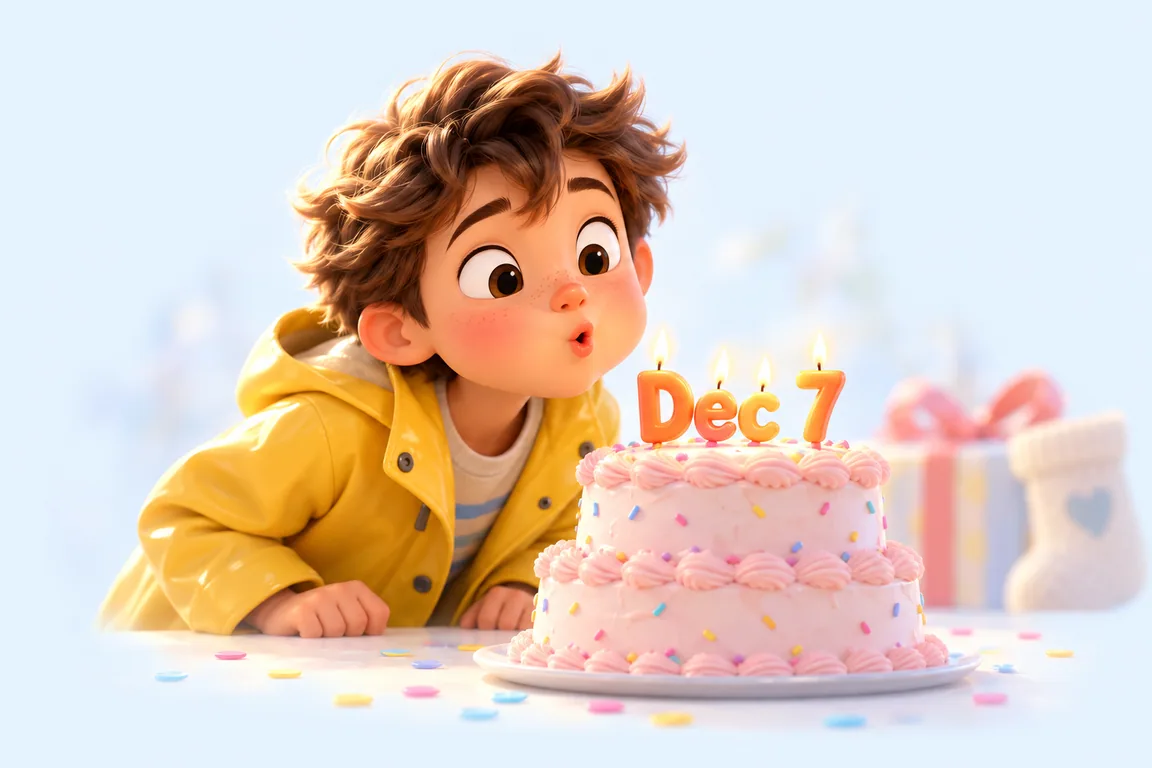 Cartoon birthday scene for December 7: a child behind a cake whose candles spell the date