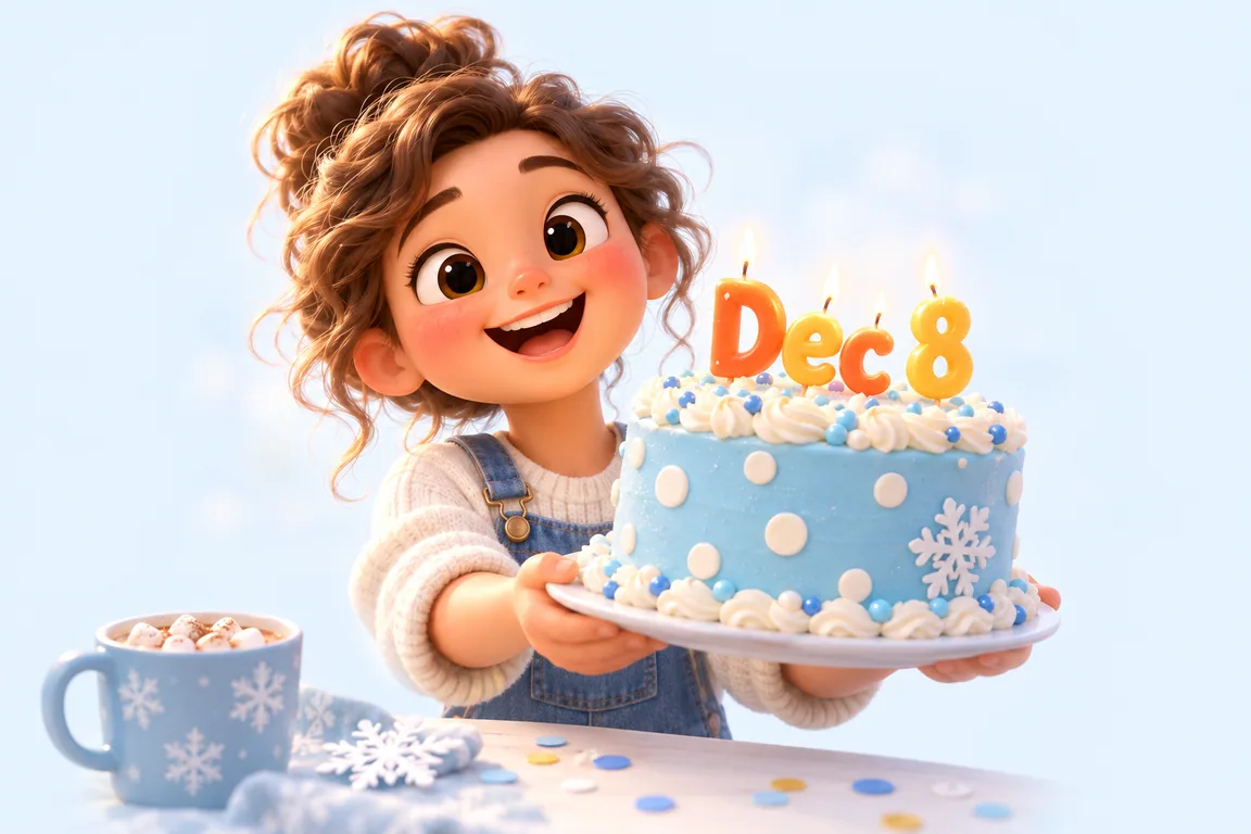 Cartoon birthday scene for December 8: a child behind a cake whose candles spell the date