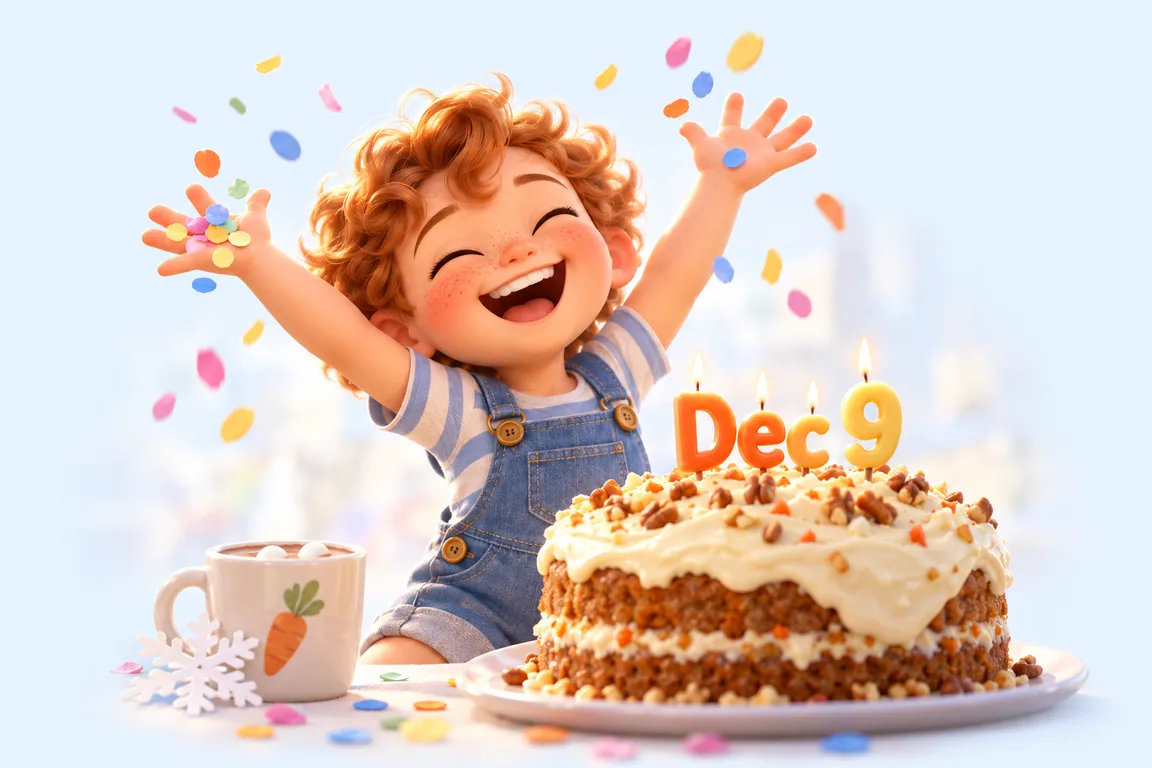 Cartoon birthday scene for December 9: a child behind a cake whose candles spell the date
