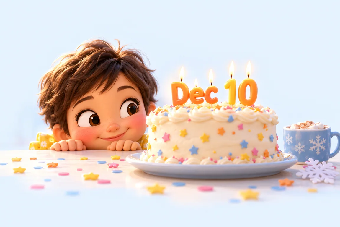Cartoon birthday scene for December 10: a child behind a cake whose candles spell the date