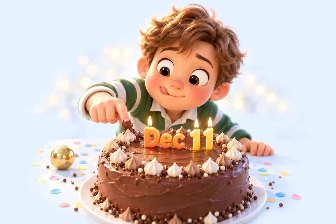 Cartoon birthday scene for December 11: a child behind a cake whose candles spell the date