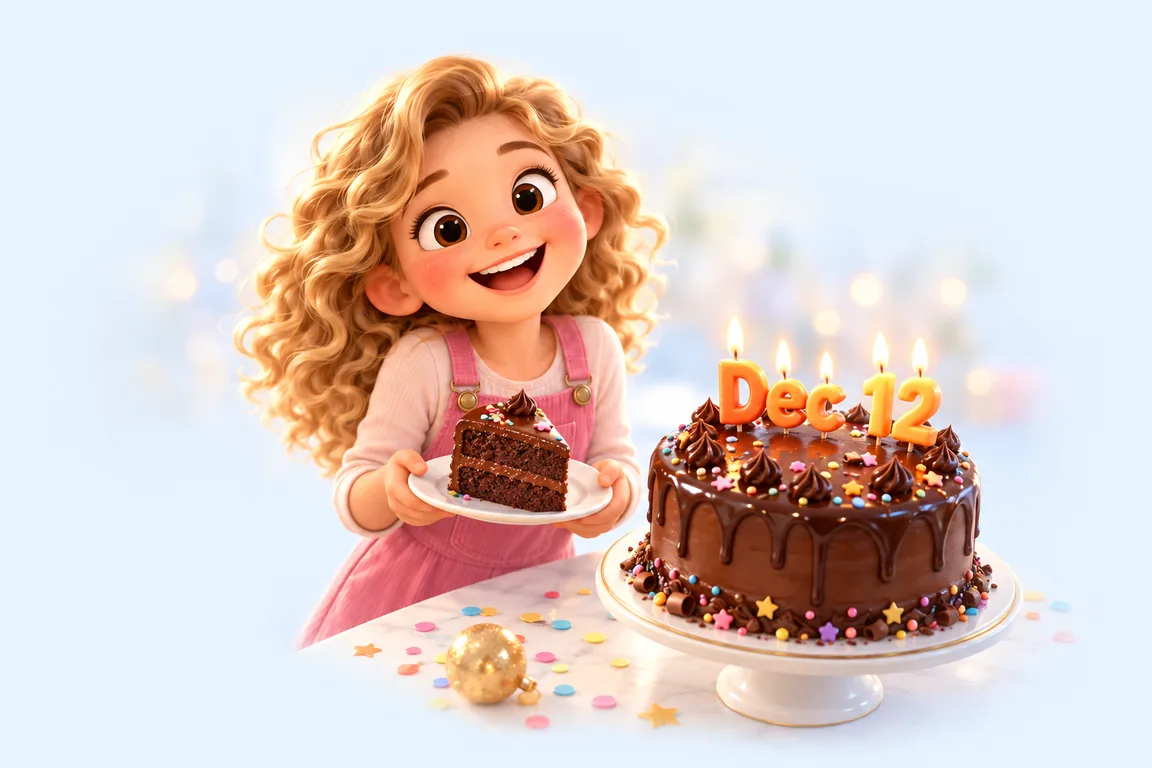 Cartoon birthday scene for December 12: a child behind a cake whose candles spell the date
