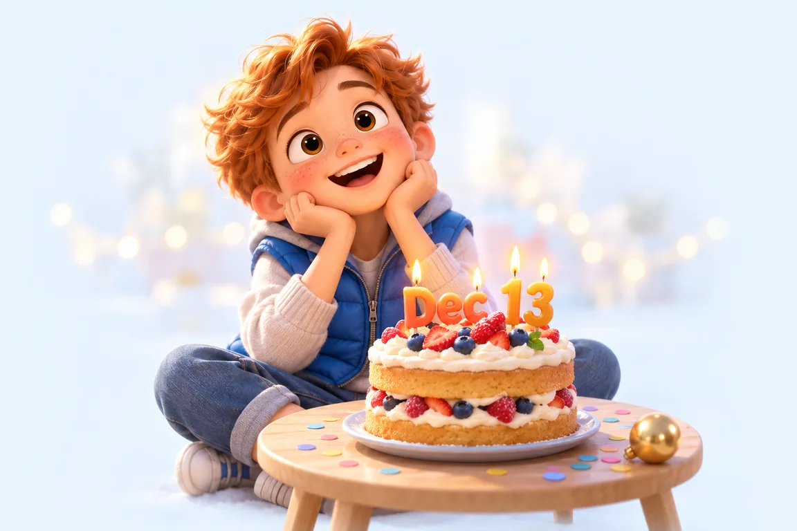 Cartoon birthday scene for December 13: a child behind a cake whose candles spell the date