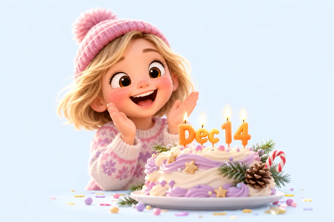 Cartoon birthday scene for December 14: a child behind a cake whose candles spell the date
