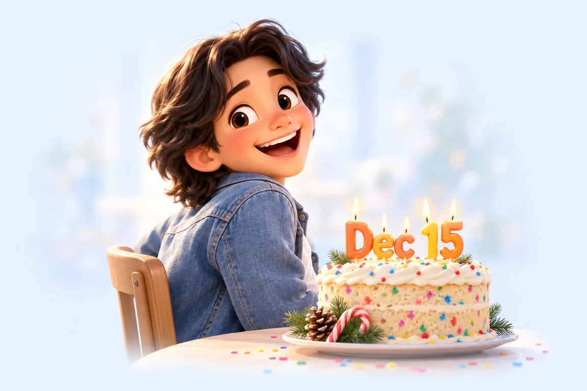 Cartoon birthday scene for December 15: a child behind a cake whose candles spell the date